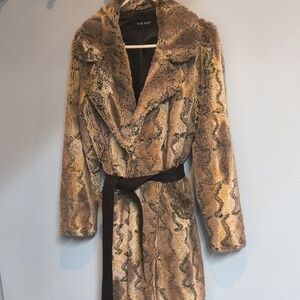Nine West Faux Fur Belted Trench in Mixed Brown Tones